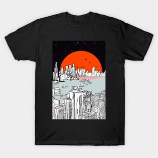 Vintage style alien planet city skyline - orange blue black T-Shirt